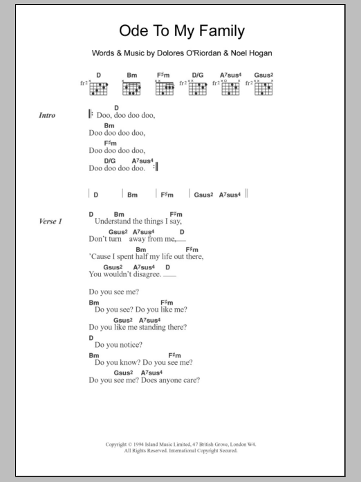 The Cranberries Ode To My Family Sheet Music Notes & Chords for Lyrics & Chords - Download or Print PDF