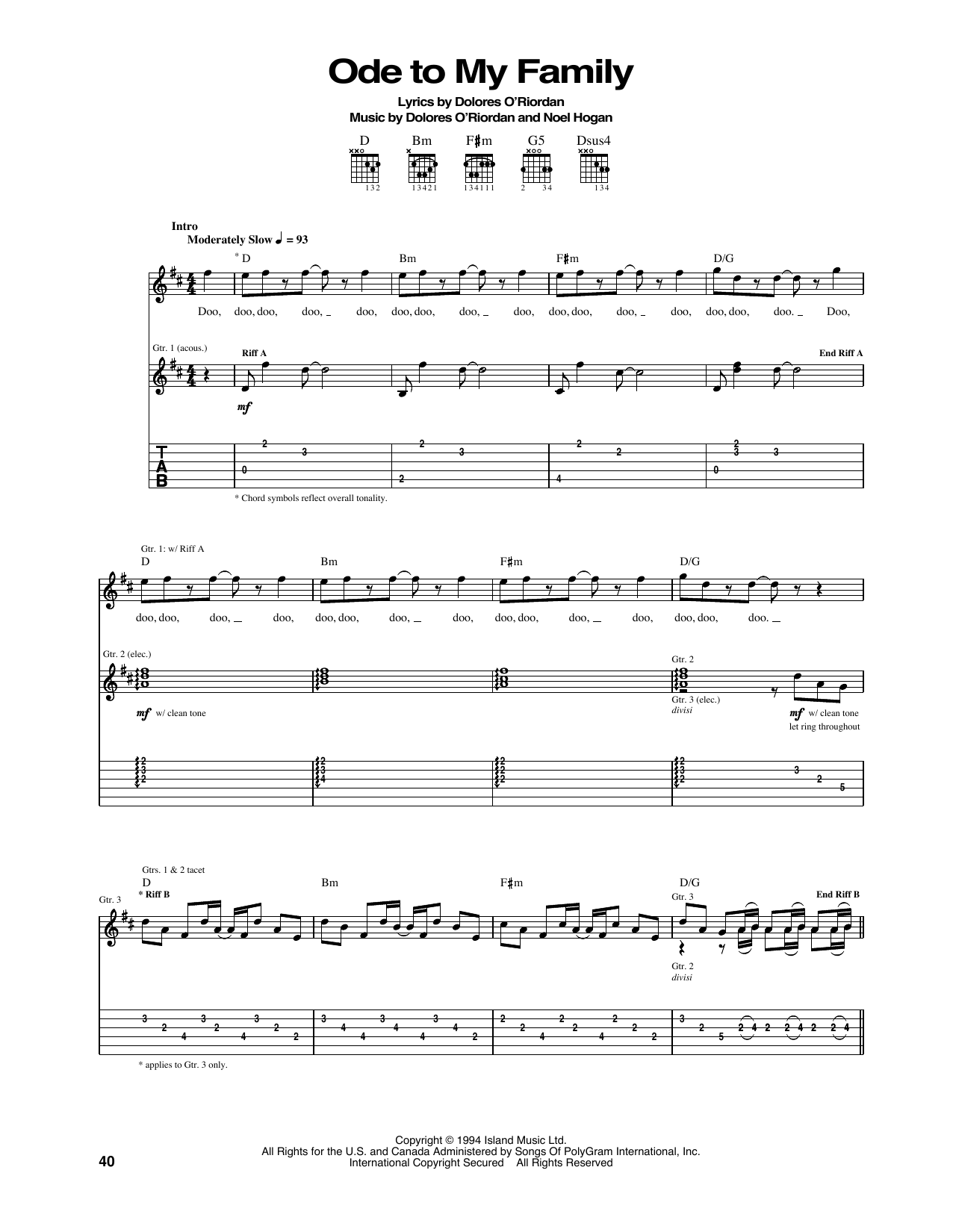 The Cranberries Ode To My Family Sheet Music Notes & Chords for Lyrics & Chords - Download or Print PDF