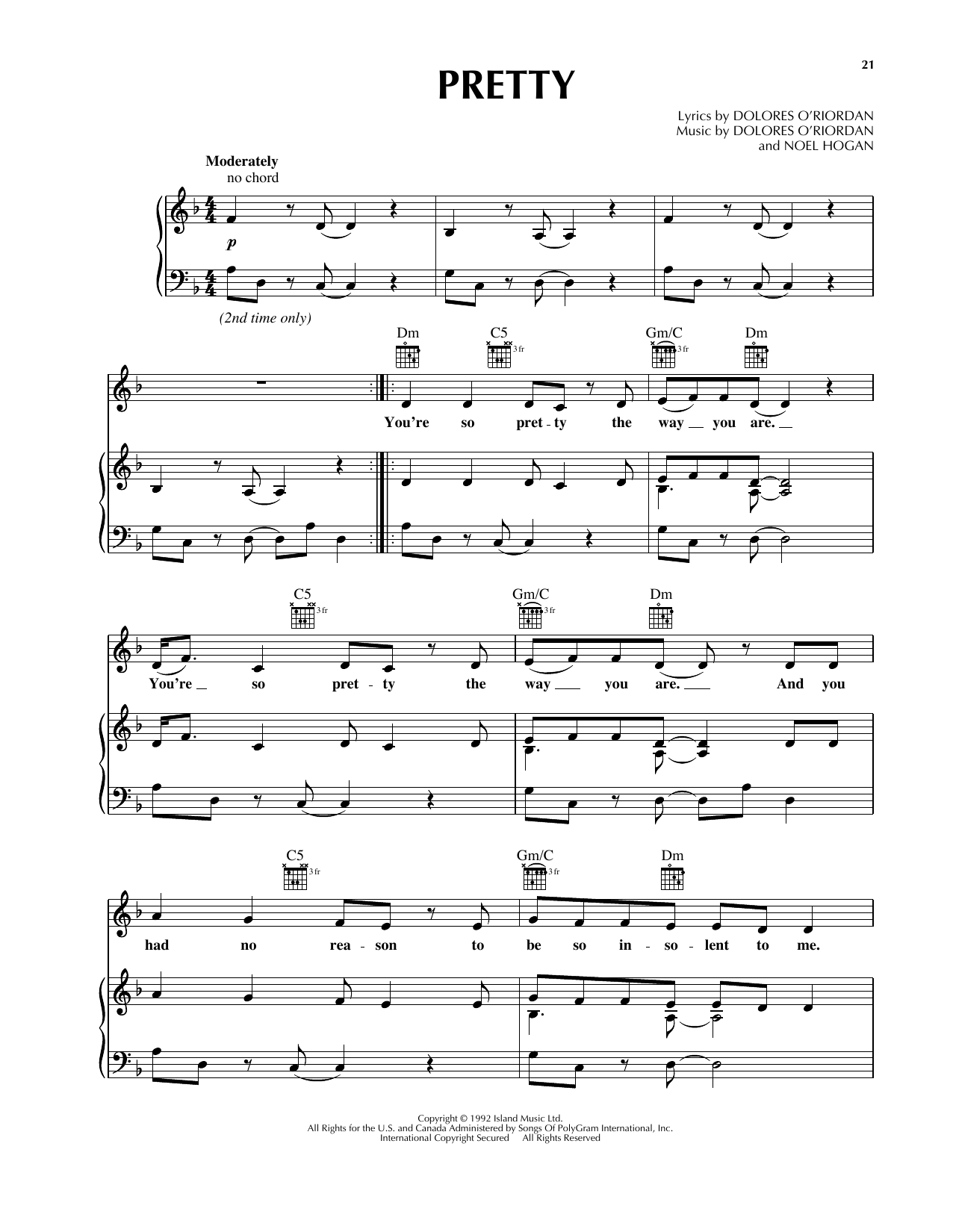 The Cranberries Pretty Sheet Music Notes & Chords for Piano, Vocal & Guitar (Right-Hand Melody) - Download or Print PDF