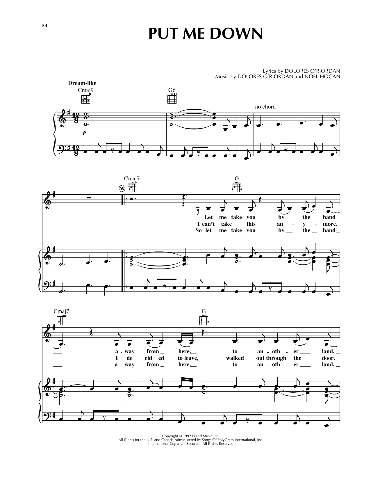 The Cranberries Put Me Down Sheet Music Notes & Chords for Piano, Vocal & Guitar (Right-Hand Melody) - Download or Print PDF