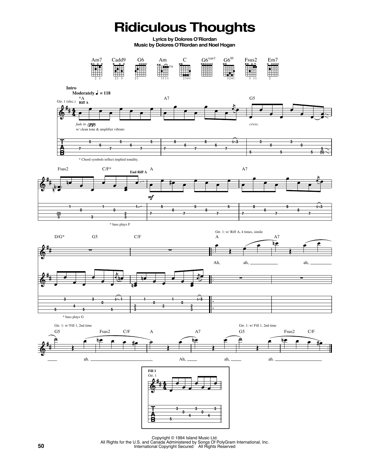 The Cranberries Ridiculous Thoughts Sheet Music Notes & Chords for Guitar Tab - Download or Print PDF