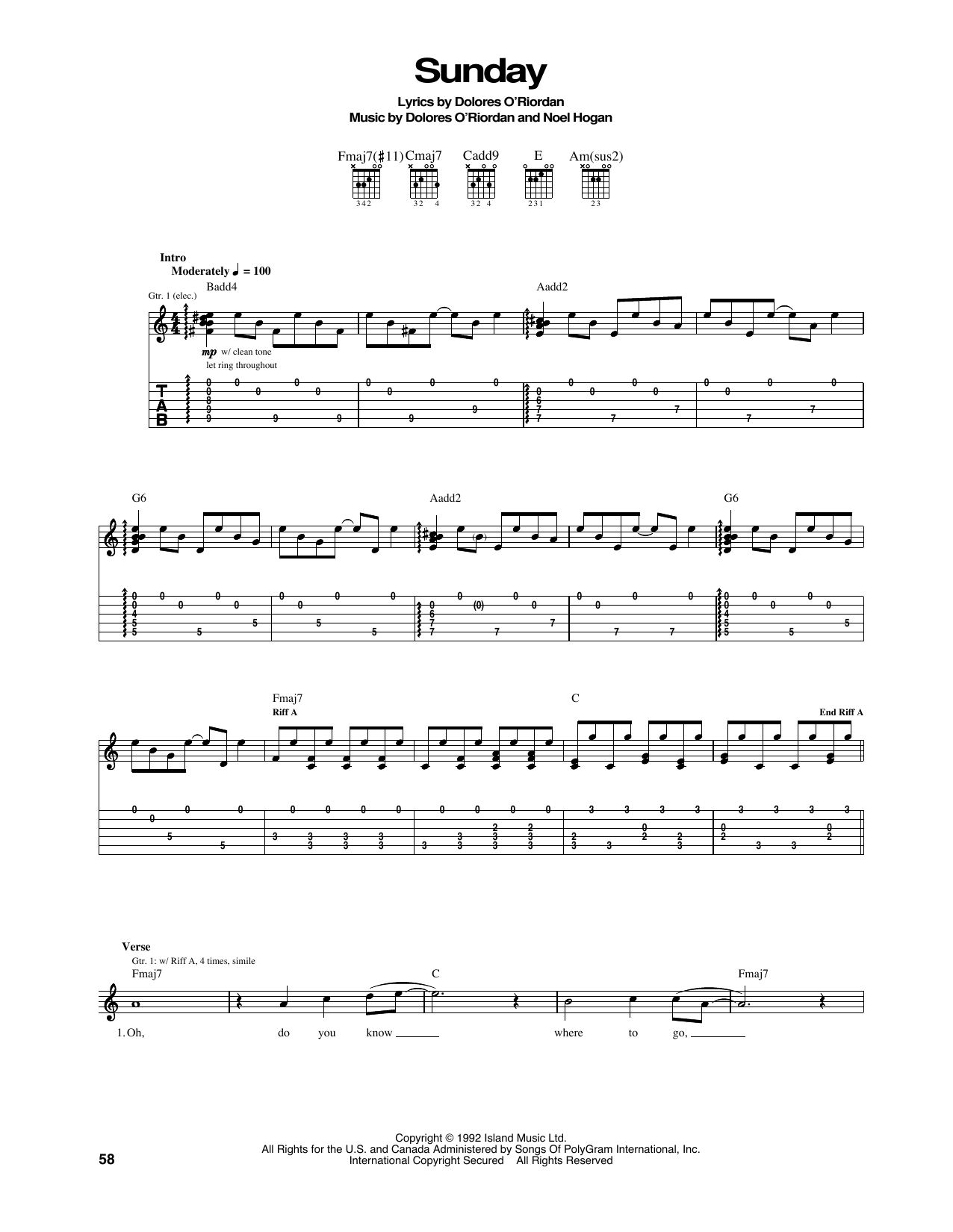 The Cranberries Sunday Sheet Music Notes & Chords for Guitar Tab - Download or Print PDF