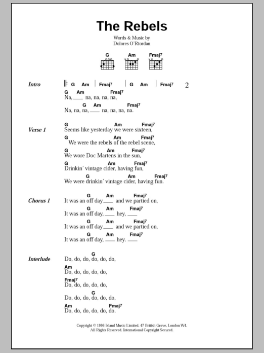 The Cranberries The Rebels Sheet Music Notes & Chords for Lyrics & Chords - Download or Print PDF