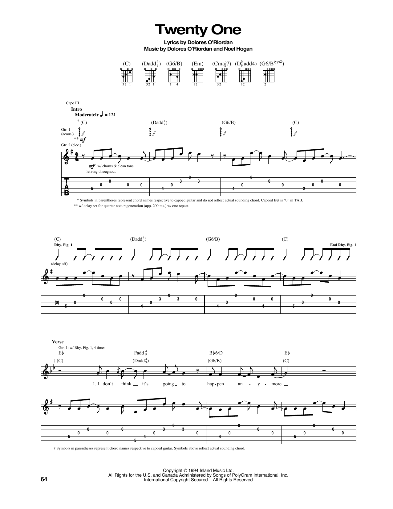 The Cranberries Twenty One Sheet Music Notes & Chords for Guitar Tab - Download or Print PDF