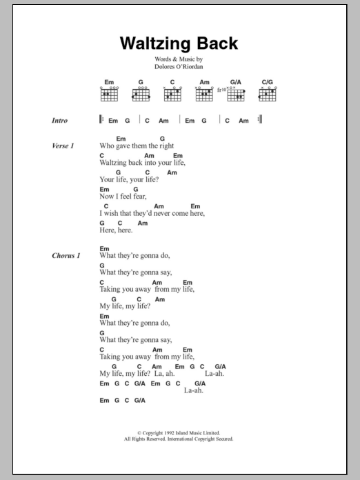 The Cranberries Waltzing Back Sheet Music Notes & Chords for Lyrics & Chords - Download or Print PDF