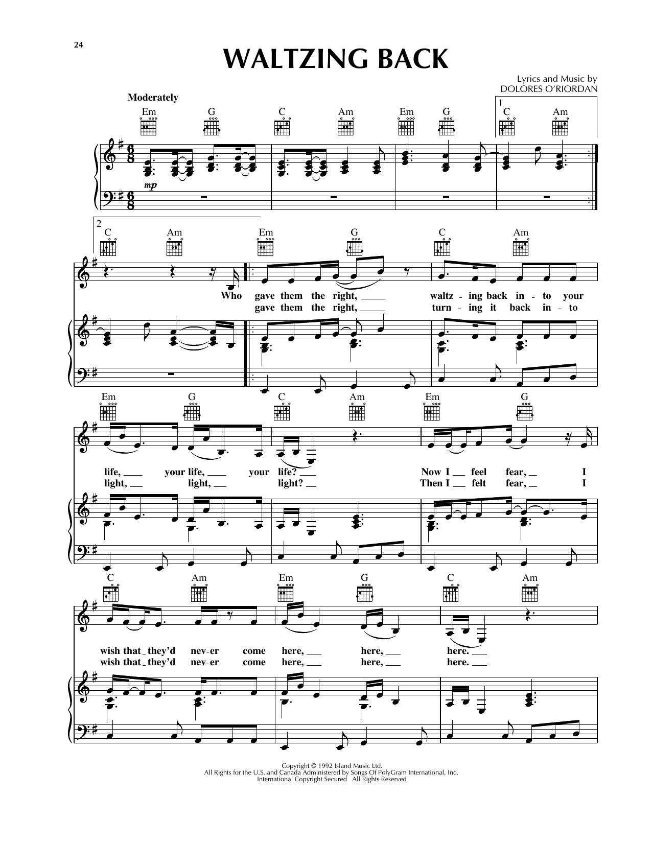 The Cranberries Waltzing Back Sheet Music Notes & Chords for Piano, Vocal & Guitar (Right-Hand Melody) - Download or Print PDF