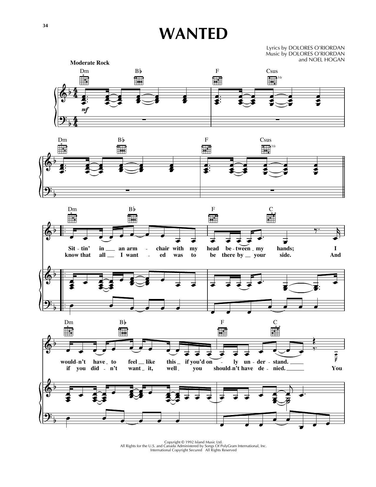 The Cranberries Wanted Sheet Music Notes & Chords for Lyrics & Chords - Download or Print PDF
