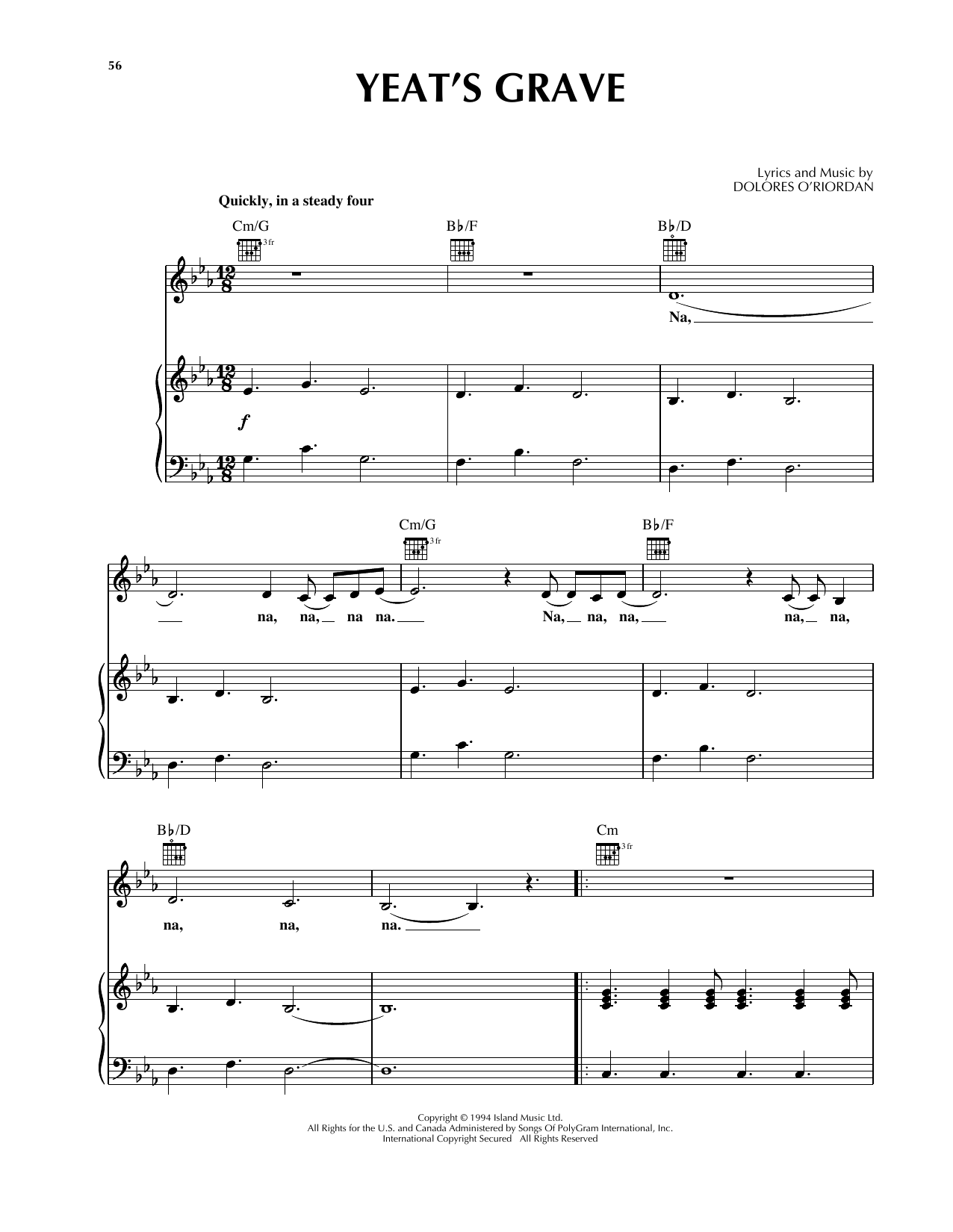 The Cranberries Yeat's Grave Sheet Music Notes & Chords for Piano, Vocal & Guitar (Right-Hand Melody) - Download or Print PDF