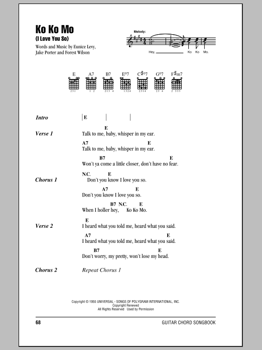 The Crew Cuts Ko Ko Mo (I Love You So) Sheet Music Notes & Chords for Piano, Vocal & Guitar Chords (Right-Hand Melody) - Download or Print PDF