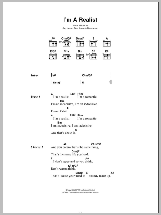 The Cribs I'm A Realist Sheet Music Notes & Chords for Lyrics & Chords - Download or Print PDF