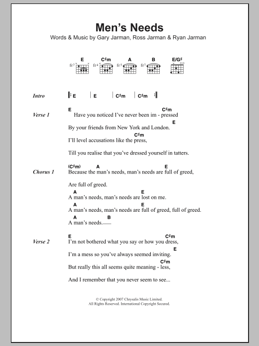 The Cribs Men's Needs Sheet Music Notes & Chords for Lyrics & Piano Chords - Download or Print PDF