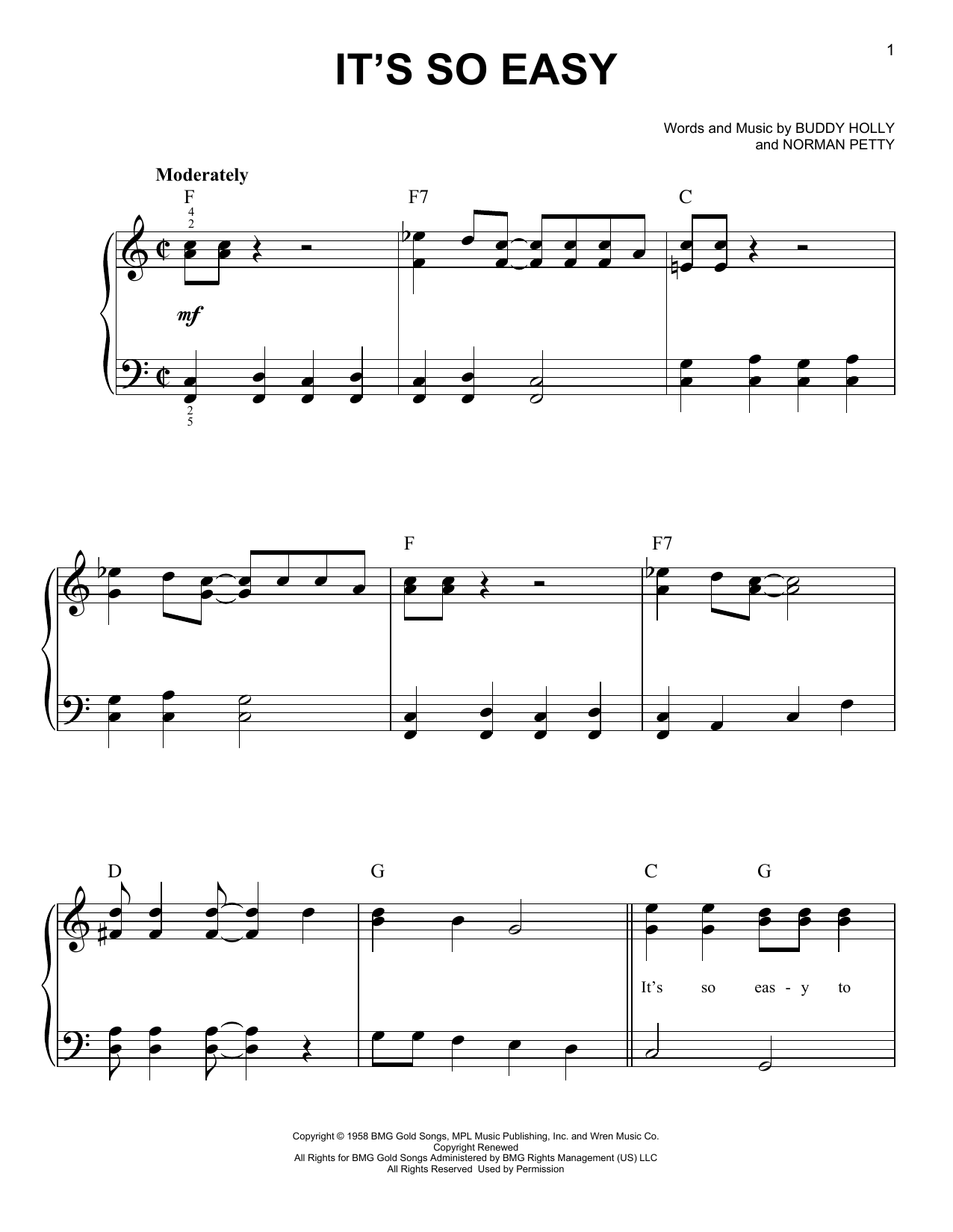 The Crickets It's So Easy Sheet Music Notes & Chords for Easy Piano - Download or Print PDF