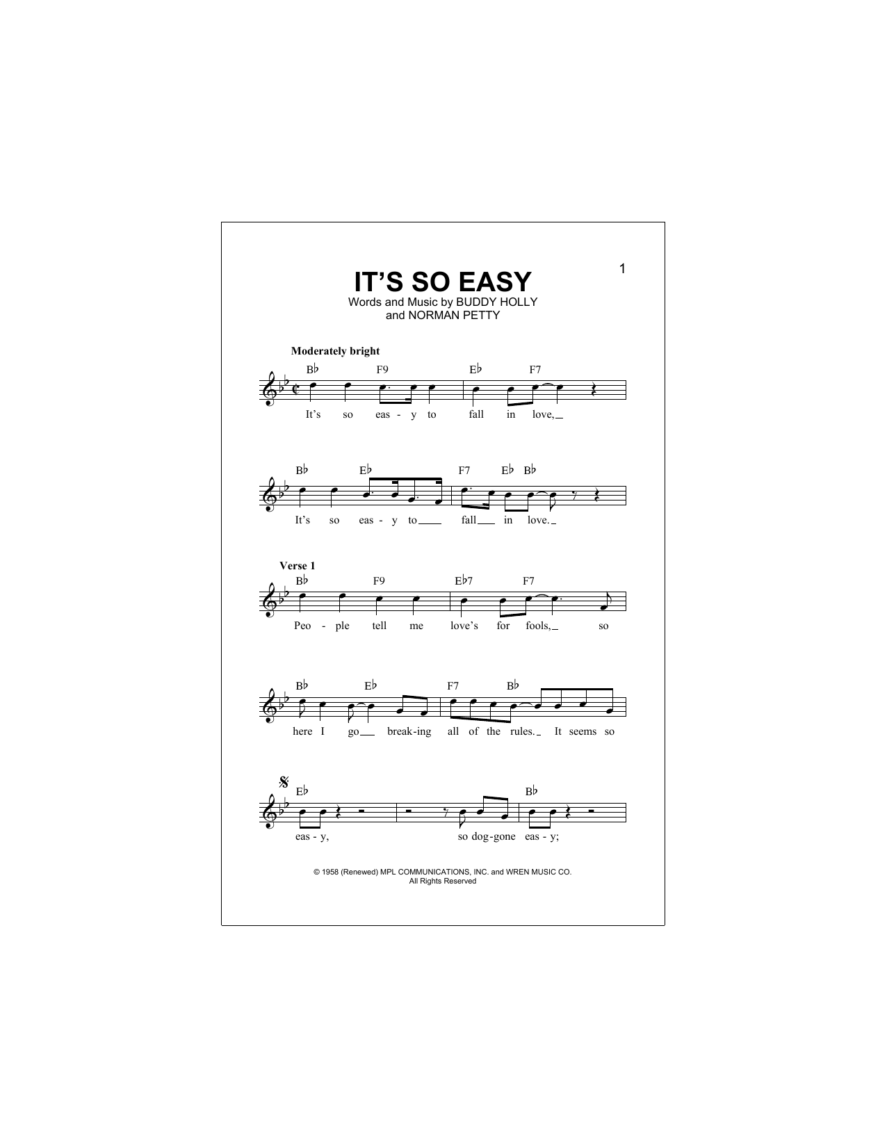 The Crickets It's So Easy Sheet Music Notes & Chords for Easy Piano - Download or Print PDF