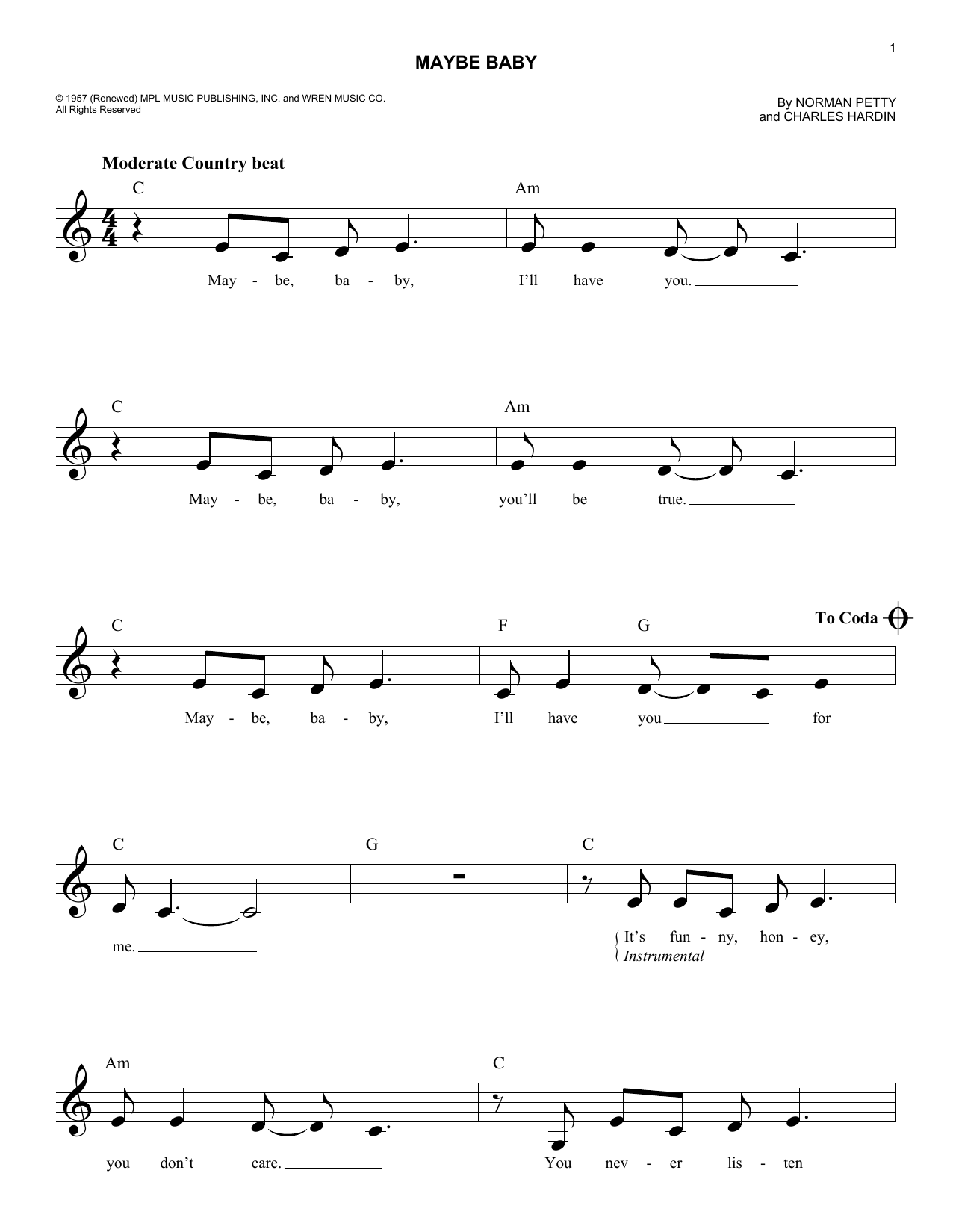 The Crickets Maybe Baby Sheet Music Notes & Chords for Easy Piano - Download or Print PDF