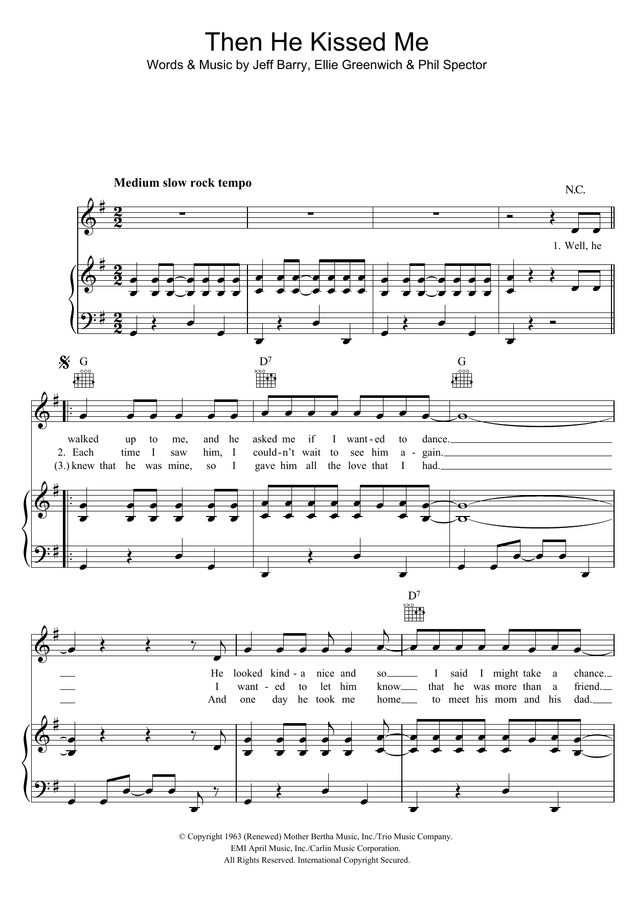 The Crystals (And) Then He Kissed Me Sheet Music Notes & Chords for Piano, Vocal & Guitar (Right-Hand Melody) - Download or Print PDF