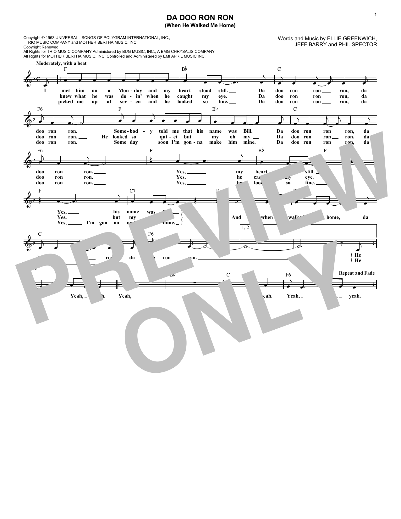 The Crystals Da Doo Ron Ron (When He Walked Me Home) Sheet Music Notes & Chords for Melody Line, Lyrics & Chords - Download or Print PDF