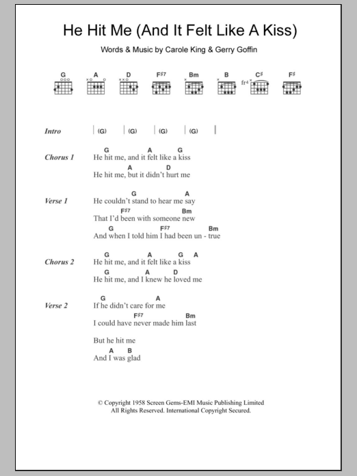 The Crystals He Hit Me (And It Felt Like A Kiss) Sheet Music Notes & Chords for Lyrics & Chords - Download or Print PDF