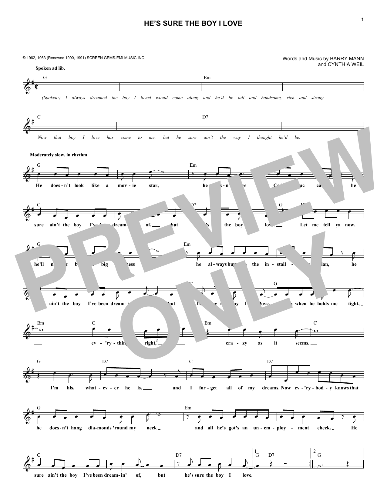 The Crystals He's Sure The Boy I Love Sheet Music Notes & Chords for Melody Line, Lyrics & Chords - Download or Print PDF