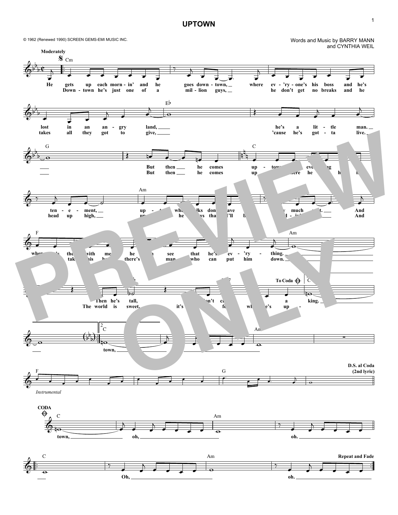 The Crystals Uptown Sheet Music Notes & Chords for Melody Line, Lyrics & Chords - Download or Print PDF