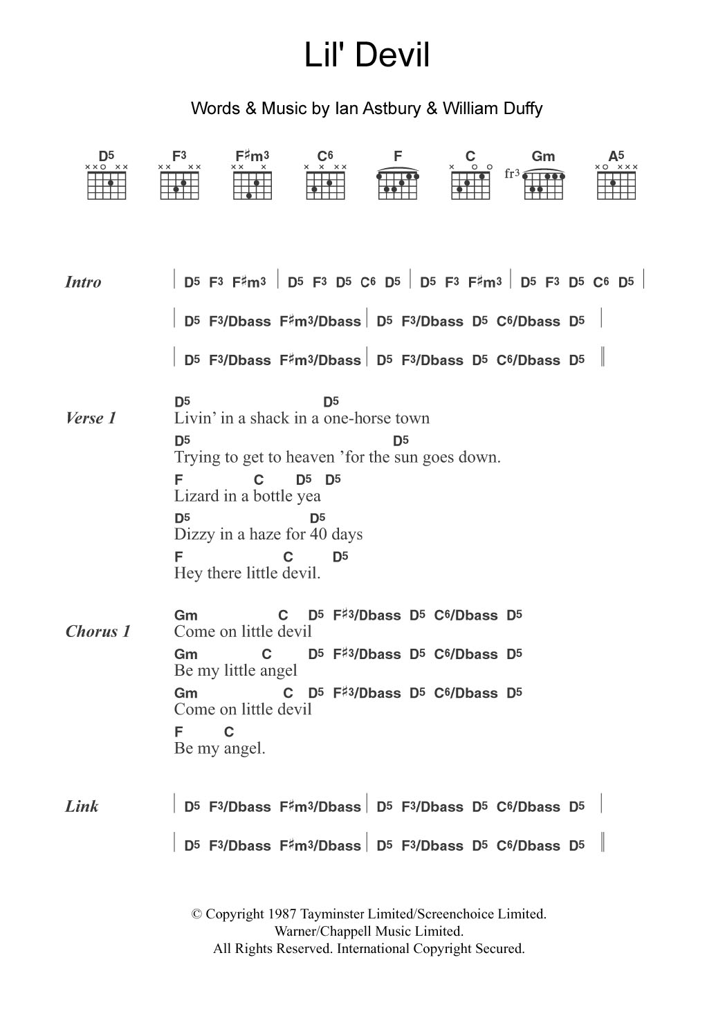 The Cult Lil' Devil Sheet Music Notes & Chords for Lyrics & Chords - Download or Print PDF