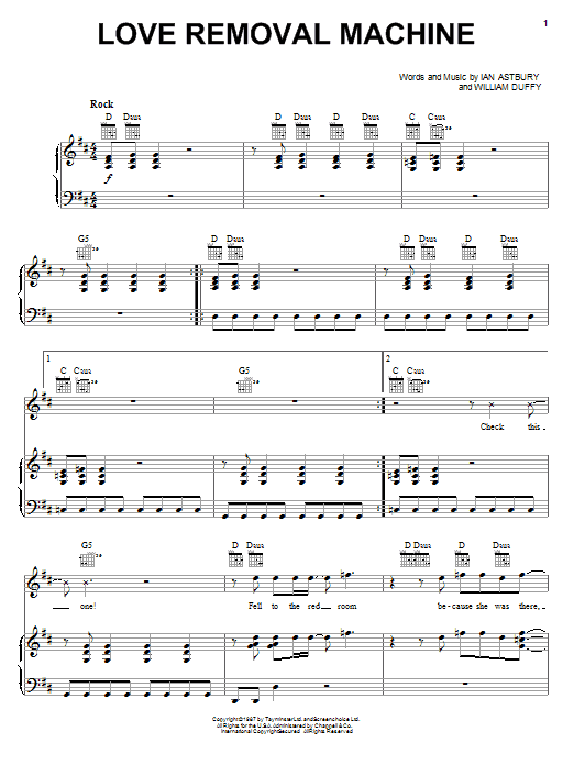 The Cult Love Removal Machine Sheet Music Notes & Chords for Piano, Vocal & Guitar (Right-Hand Melody) - Download or Print PDF