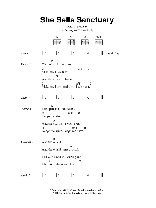 The Cult She Sells Sanctuary Sheet Music Notes & Chords for Lyrics & Chords - Download or Print PDF