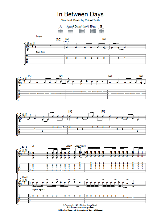 The Cure In Between Days Sheet Music Notes & Chords for Guitar Tab - Download or Print PDF