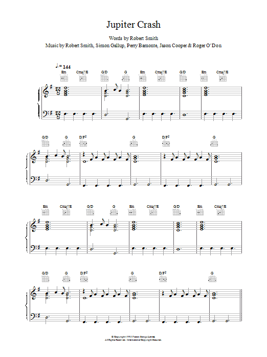 The Cure Jupiter Crash Sheet Music Notes & Chords for Piano, Vocal & Guitar (Right-Hand Melody) - Download or Print PDF