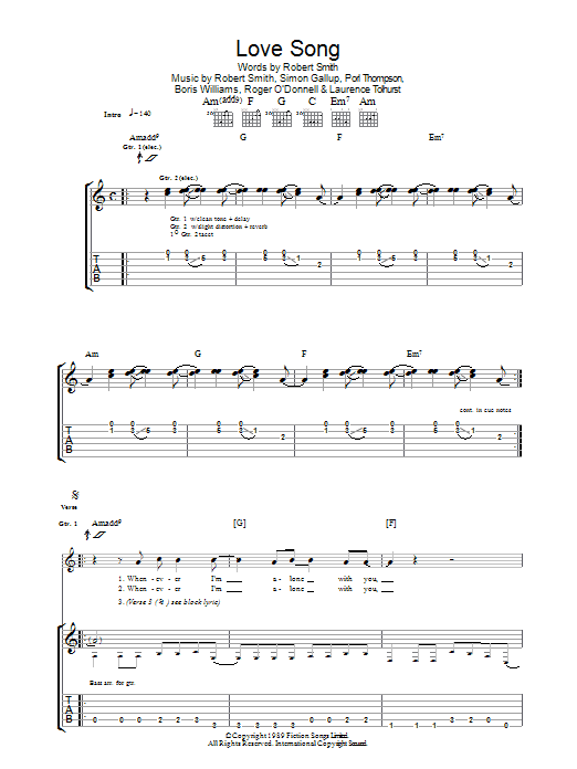 The Cure Lovesong Sheet Music Notes & Chords for Guitar Tab - Download or Print PDF