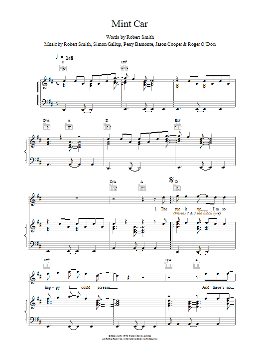 The Cure Mint Car Sheet Music Notes & Chords for Piano, Vocal & Guitar (Right-Hand Melody) - Download or Print PDF