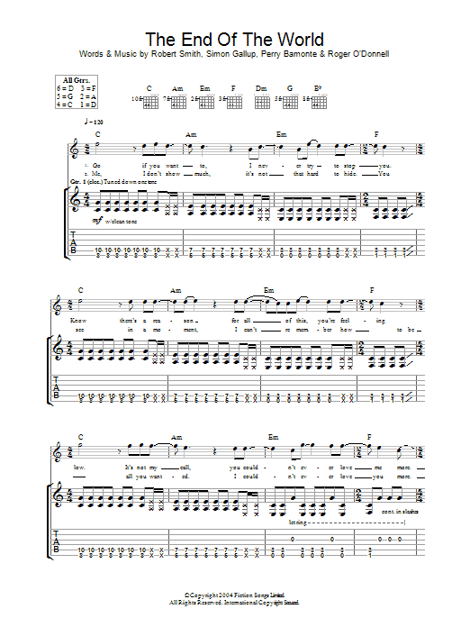 The Cure The End Of The World Sheet Music Notes & Chords for Guitar Tab - Download or Print PDF
