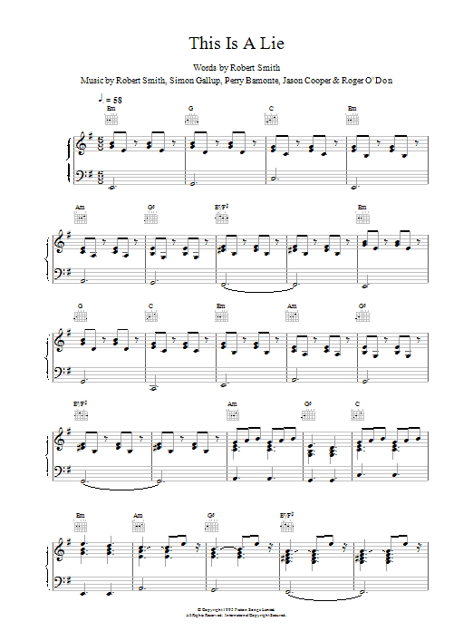 The Cure This Is A Lie Sheet Music Notes & Chords for Piano, Vocal & Guitar (Right-Hand Melody) - Download or Print PDF