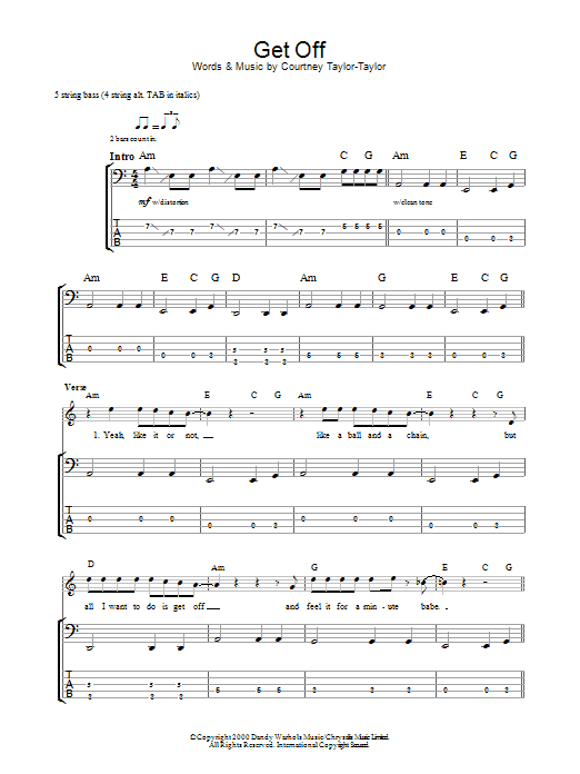 The Dandy Warhols Get Off Sheet Music Notes & Chords for Bass Guitar Tab - Download or Print PDF