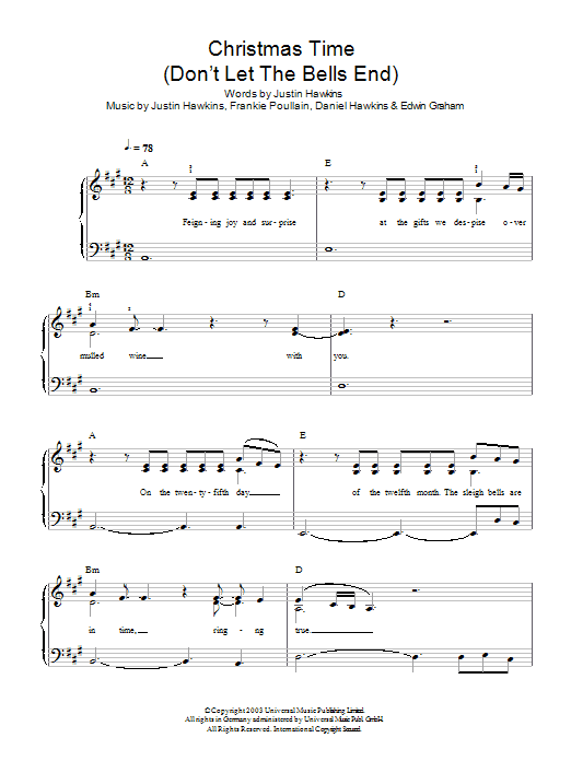 The Darkness Christmas Time (Don't Let The Bells End) Sheet Music Notes & Chords for Beginner Piano - Download or Print PDF