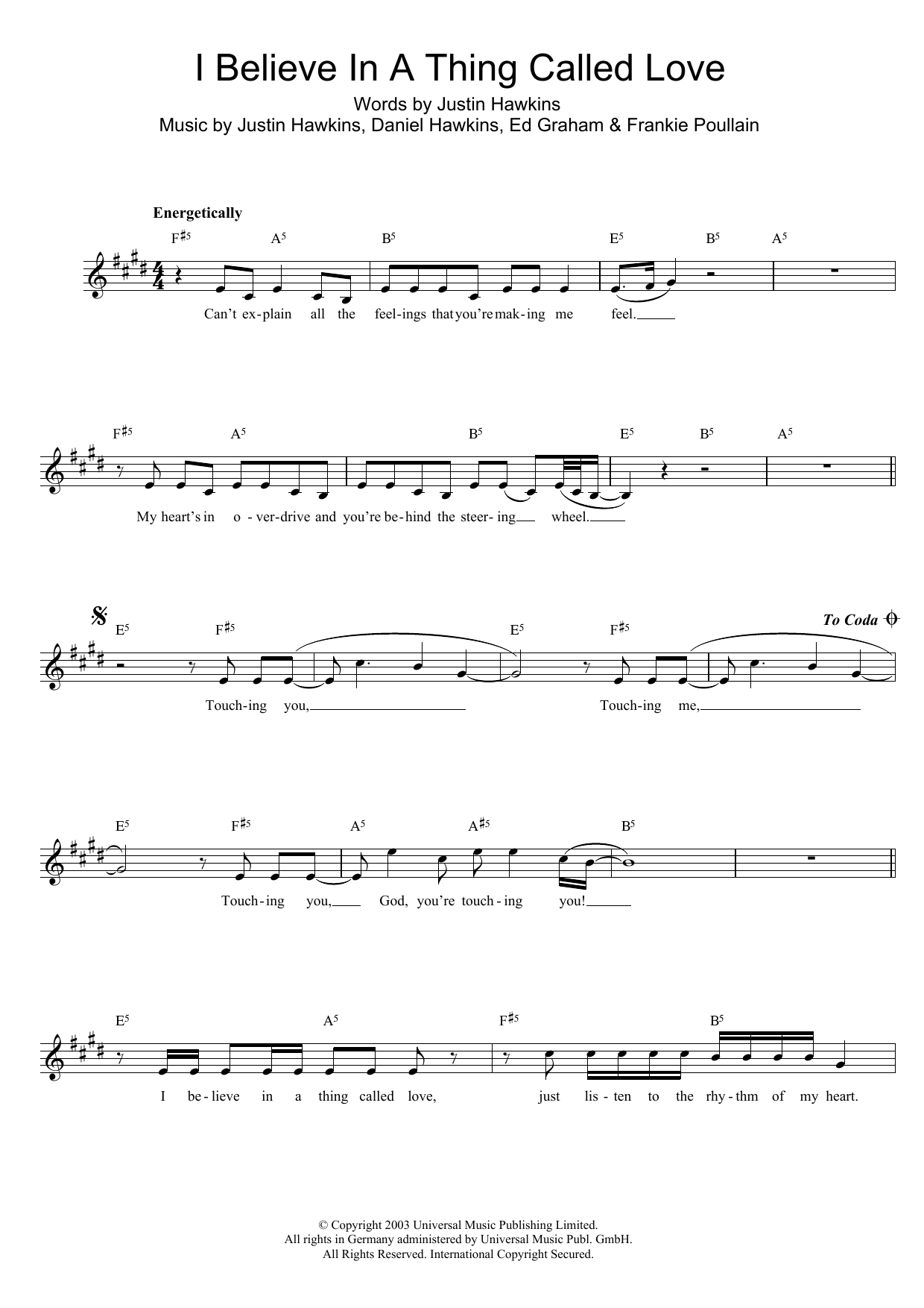 The Darkness I Believe In A Thing Called Love Sheet Music Notes & Chords for Piano, Vocal & Guitar (Right-Hand Melody) - Download or Print PDF