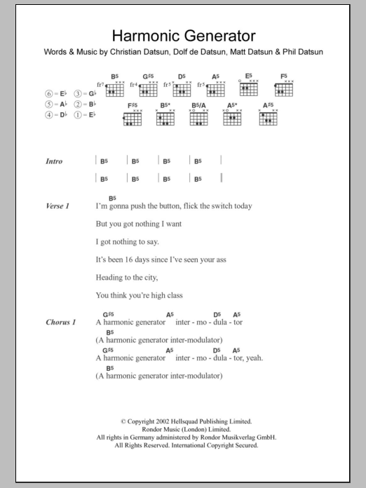 The Datsuns Harmonic Generator Sheet Music Notes & Chords for Lyrics & Chords - Download or Print PDF