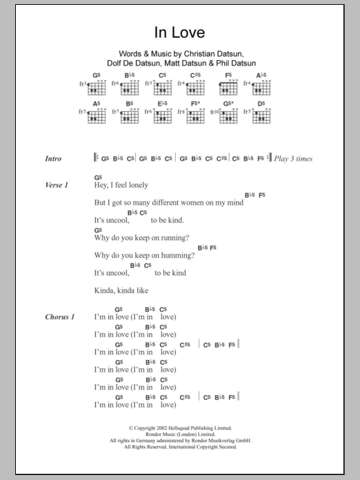 The Datsuns In Love Sheet Music Notes & Chords for Lyrics & Chords - Download or Print PDF