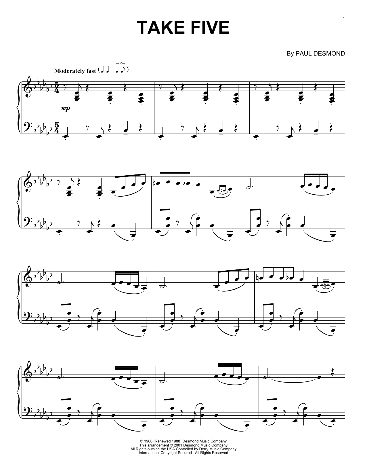 The Dave Brubeck Quartet Take Five Sheet Music Notes & Chords for Piano Solo - Download or Print PDF