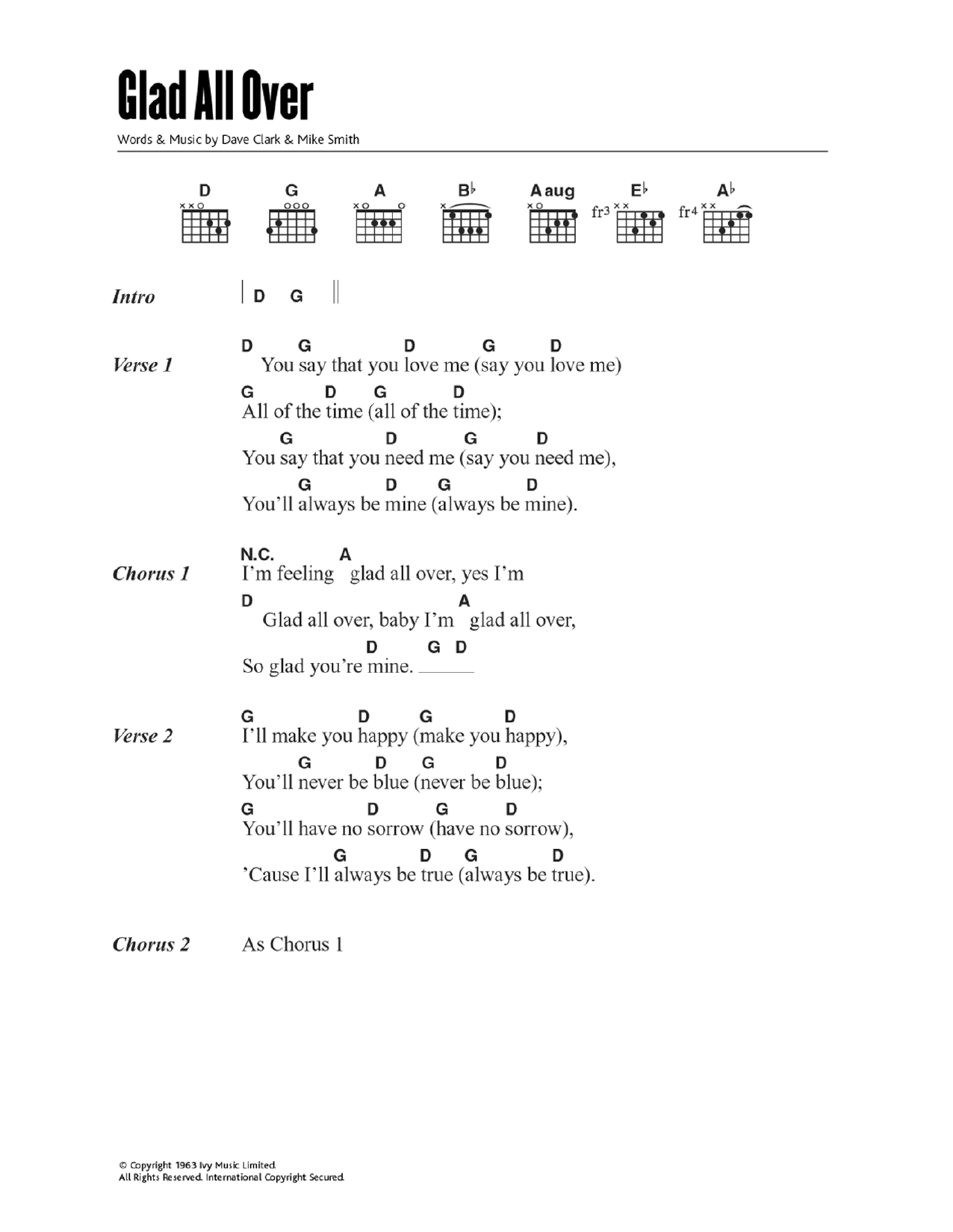 The Dave Clark Five Glad All Over Sheet Music Notes & Chords for Guitar Chords/Lyrics - Download or Print PDF