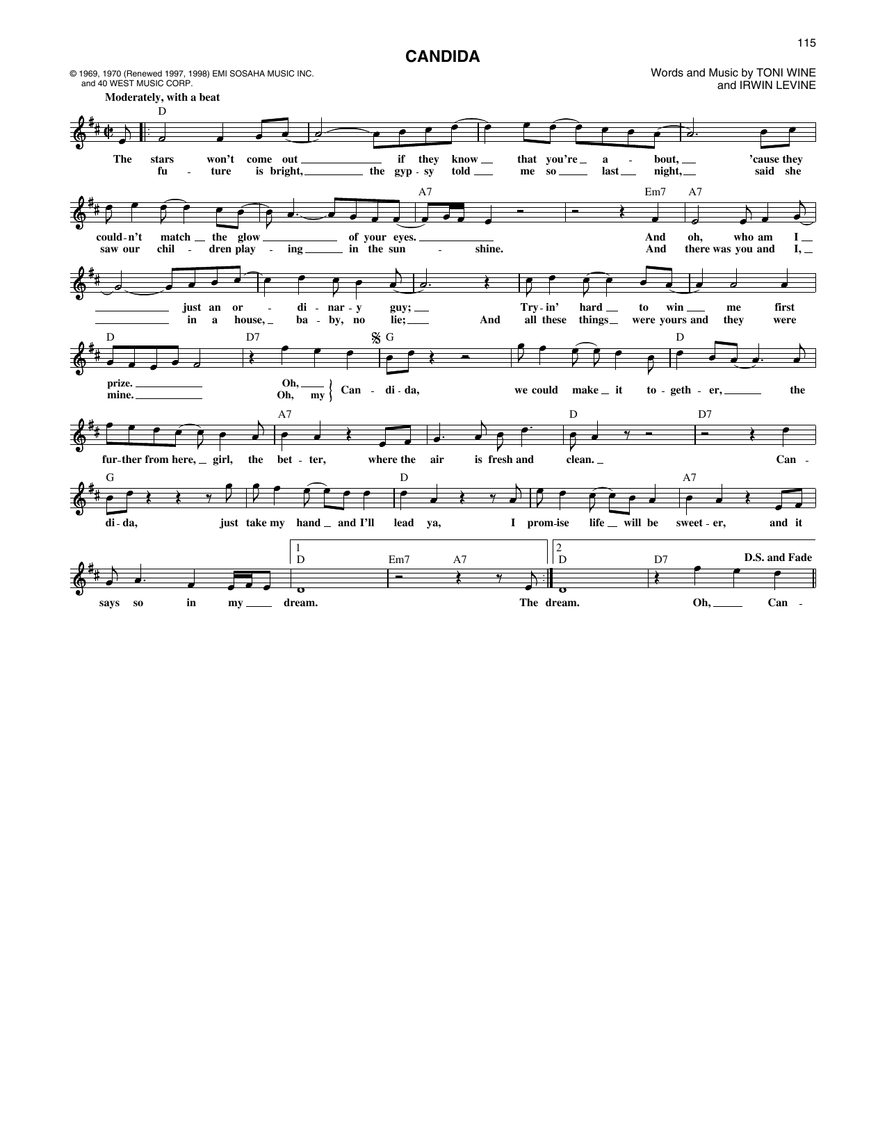 The Dawn & Tony Orlando Candida Sheet Music Notes & Chords for Piano, Vocal & Guitar (Right-Hand Melody) - Download or Print PDF