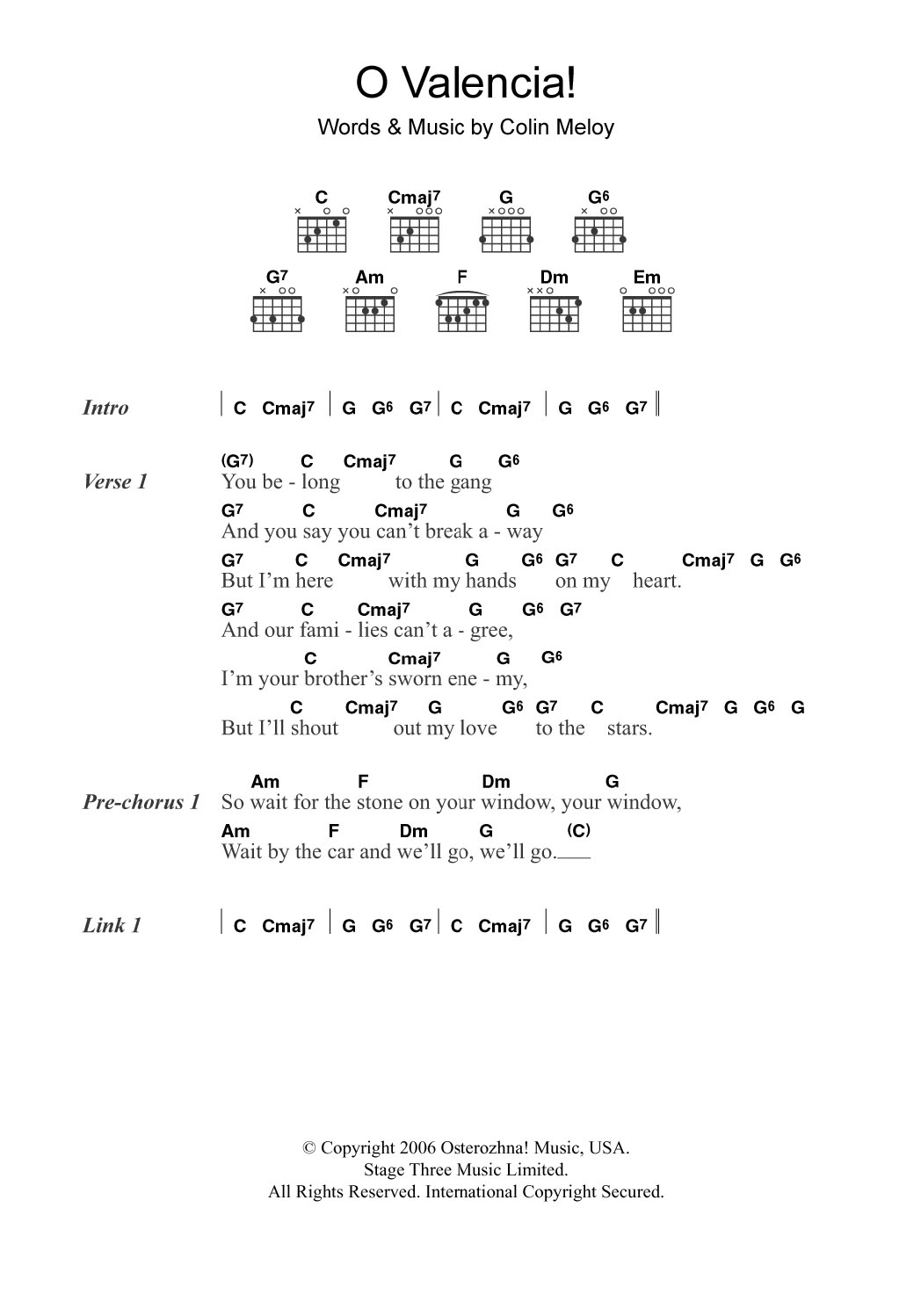 The Decemberists O Valencia! Sheet Music Notes & Chords for Lyrics & Chords - Download or Print PDF