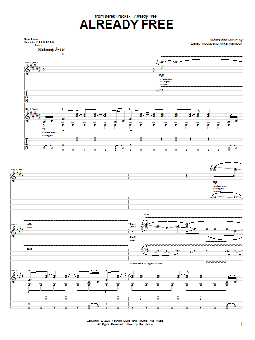 The Derek Trucks Band Already Free Sheet Music Notes & Chords for Guitar Tab - Download or Print PDF