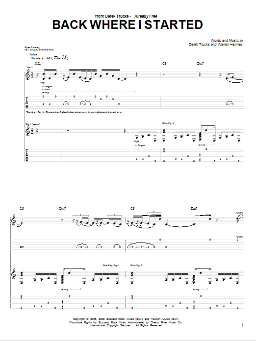 The Derek Trucks Band Back Where I Started Sheet Music Notes & Chords for Guitar Tab - Download or Print PDF