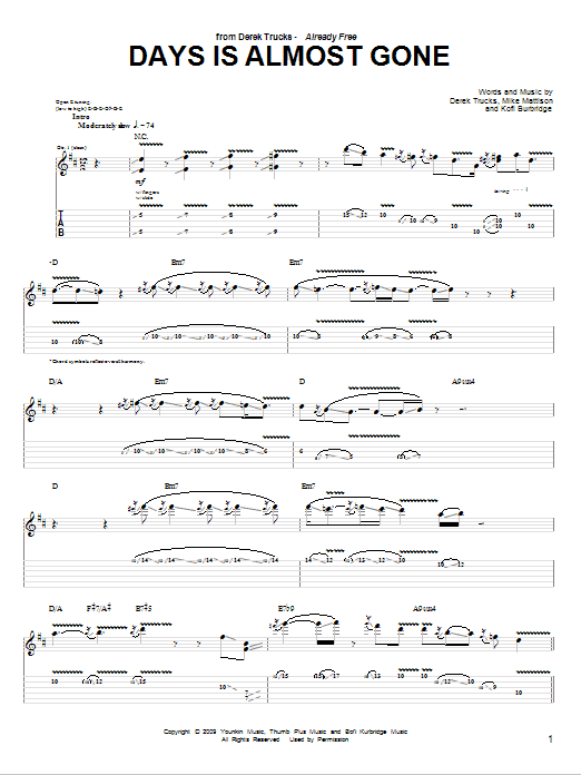 The Derek Trucks Band Days Is Almost Gone Sheet Music Notes & Chords for Guitar Tab - Download or Print PDF