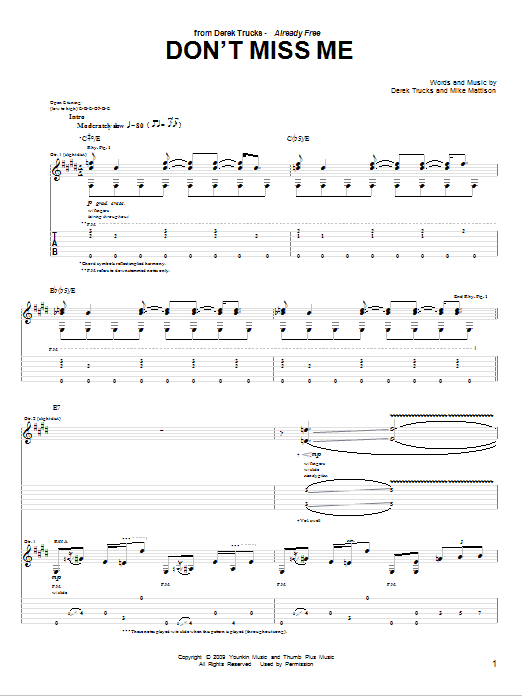 The Derek Trucks Band Don't Miss Me Sheet Music Notes & Chords for Guitar Tab - Download or Print PDF