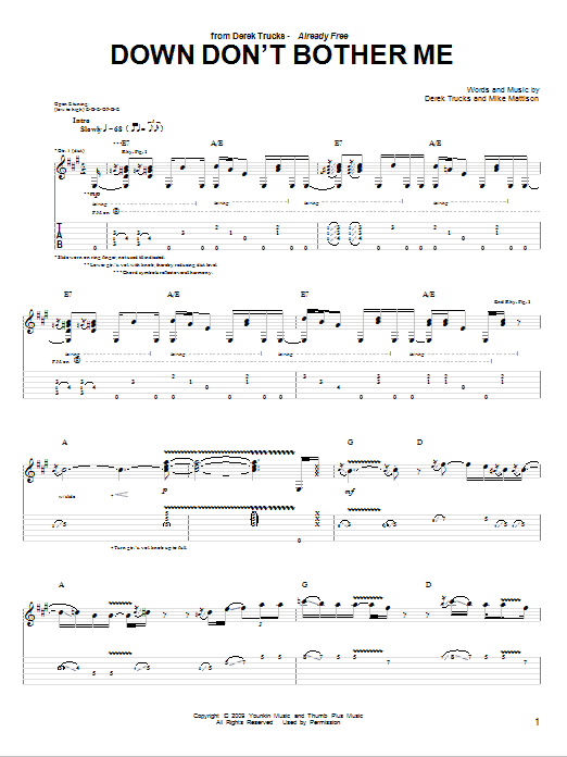 The Derek Trucks Band Down Don't Bother Me Sheet Music Notes & Chords for Guitar Tab - Download or Print PDF