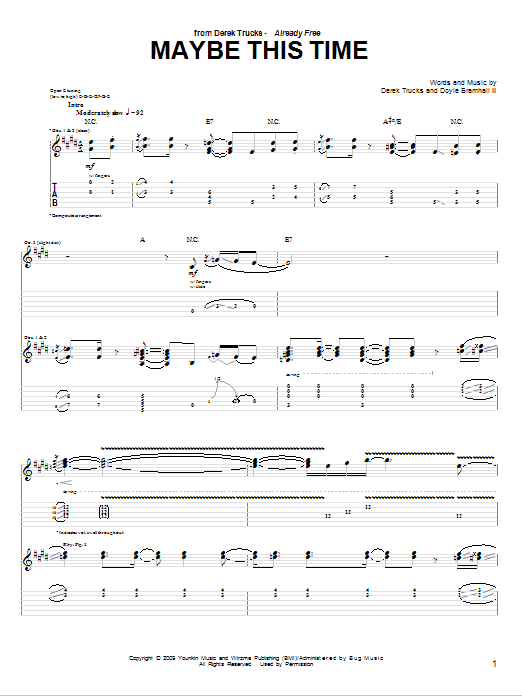 The Derek Trucks Band Maybe This Time Sheet Music Notes & Chords for Guitar Tab - Download or Print PDF