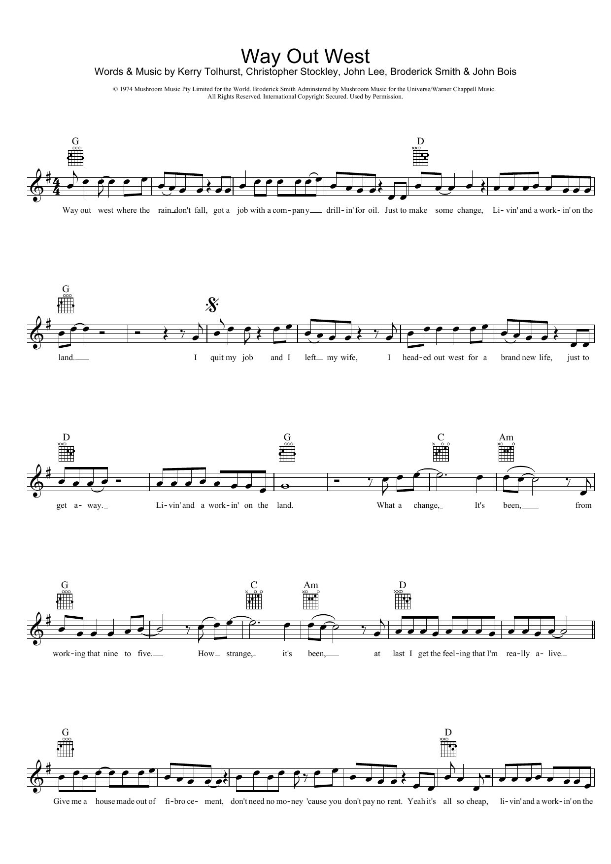 The Dingoes Way Out West Sheet Music Notes & Chords for Melody Line, Lyrics & Chords - Download or Print PDF