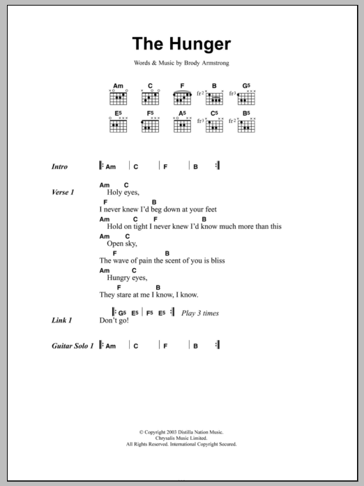 The Distillers The Hunger Sheet Music Notes & Chords for Lyrics & Chords - Download or Print PDF