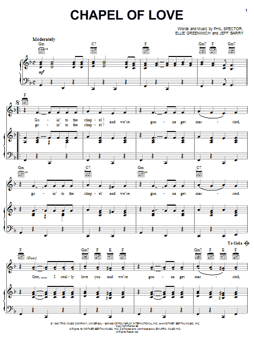 The Dixie Cups Chapel Of Love Sheet Music Notes & Chords for Piano, Vocal & Guitar (Right-Hand Melody) - Download or Print PDF